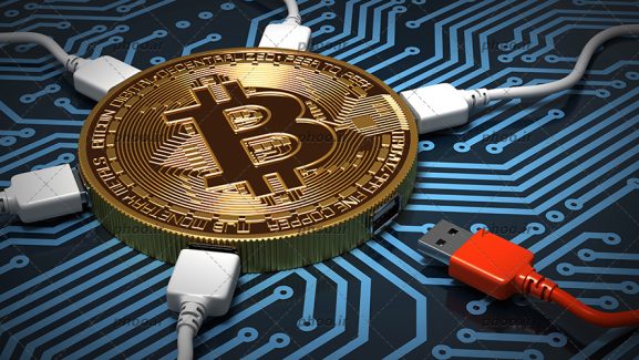 عکس با کیفیت کابل های سفید و قرمز در حال متصل شدن به سکه ی بیت کوین