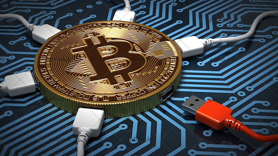 عکس با کیفیت کابل های سفید و قرمز در حال متصل شدن به سکه ی بیت کوین