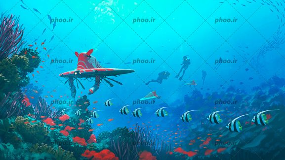 عکس با کیفیت اعماق دریا با ماهی های زیبا و خرچنگ و غواص ها در حال شنا