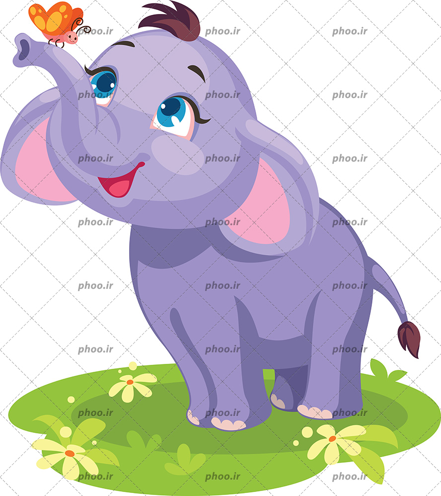 عکس با کیفیت کارکتر فیل انیمیشنی زیبا و پروانه ای به رنگ نارنجی بر روی خرطوم او در پس زمینه سفید