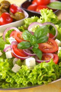 عکس با کیفیت سالاد سبزیجات در ظرفی با تزیین پیاز و گوجه و پنیر های نگینی شده و سبزی
