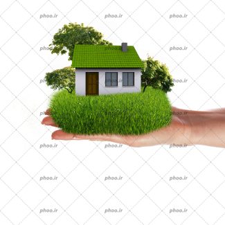 عکس با کیفیت خانه ای به رنگ سفید و سبز در دست زن با فضایی سبز در کنار خانه