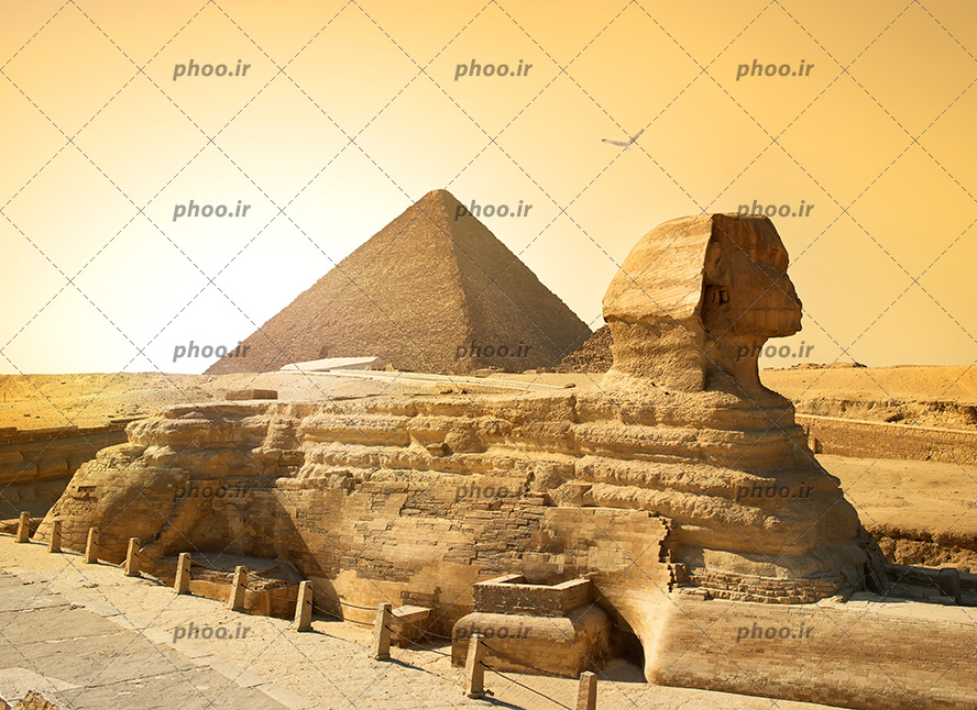 عکس با کیفیت سازه ها و معماری های قدیم مصر باستان در کنار هرم و پرنده ای در بالای آنها در حال پرواز