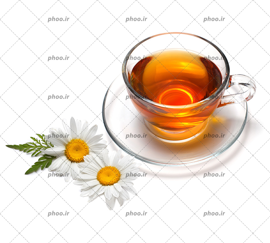 عکس یک استکان چای بابونه و دو گل با بونه کنار آن