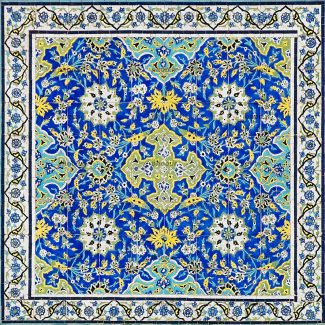 عکس طرح سنتی روی کاشی و سرامیک با پس زمینه آبی و حاشیه ای با پس زمینه سفید