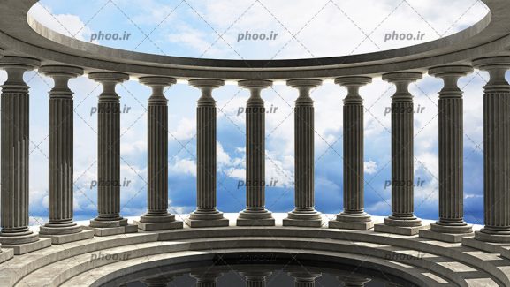 عکس گرافیکی ستون های عمارت سفید در میان ابرها آسمان