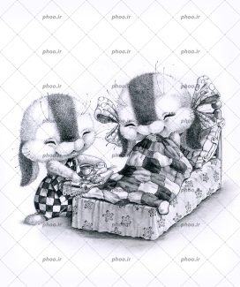 عکس سیاه و سفید دو خرگوش خوشحال که یکی روی تخت است و دیگری برای او چای اورده است
