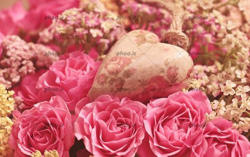 گل های محمدی صورتی در کنار گل های کوچک ریز و قلب صورتی بین گل ها