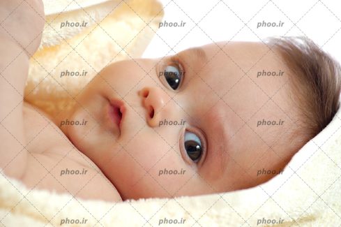 عکس یک کودک روی پتو که به دوربین نگاه می کند