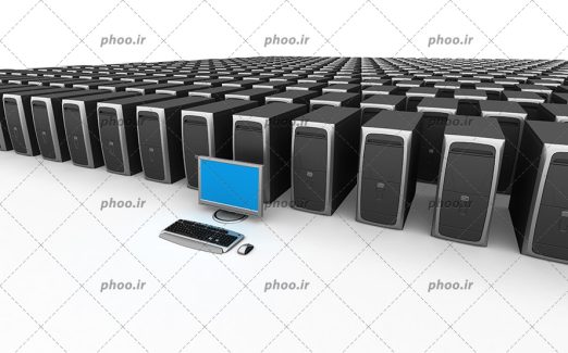 عکس یک مانیتور که در پشت آن تعدادی کیس به صورت منظم چیده شدند