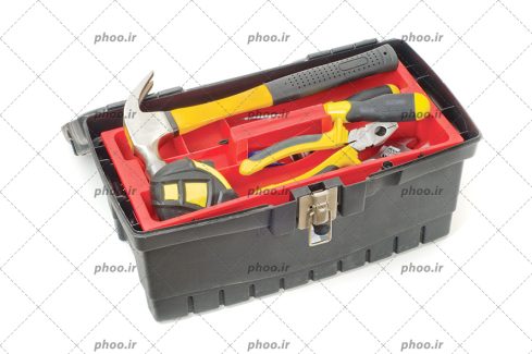 عکس جعبه ابزار با دو رنگ مشکی و قرمز با ابزار های داخل آن