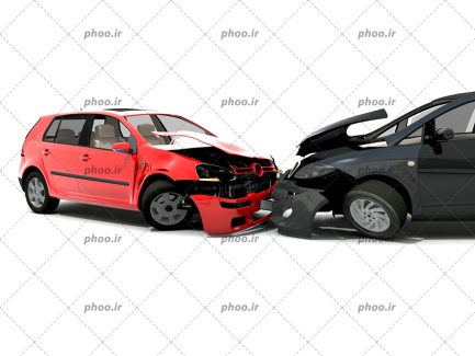 عکس یک ماشین قرمز و یک ماشین مشکی که با هم تصادف کردند