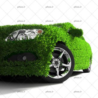 عکس با کیفیت ماشین از نمای پایین و ماشین پوشیده با برگ های سبز
