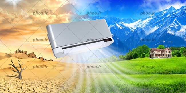 عکس با کیفیت کویر و طبیعت سرسبز در پس زمینه کولر گازی