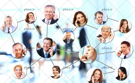 عکس با کیفیت چهره های زن و مرد در حال صحبت با تلفن همراه و متصل شده به یکدیگر