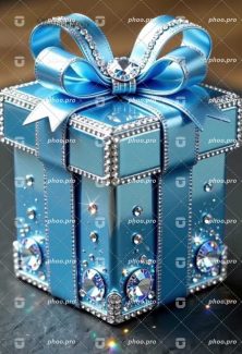 تصویر جعبه هدیه آبی کلاسیک با تزئینات کریستالی درخشان