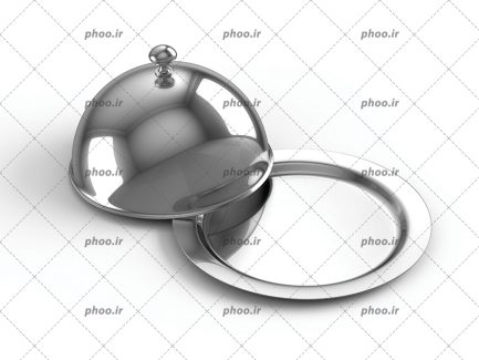 عکس با کیفیت سینی درب دار نقره ای در پس زمینه سفید