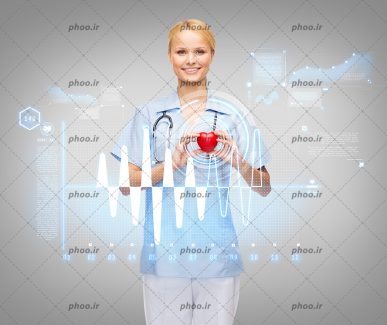 عکس با کیفیت قلب قرمز در دست پرستار زیبا و نمودار آبی و سفید