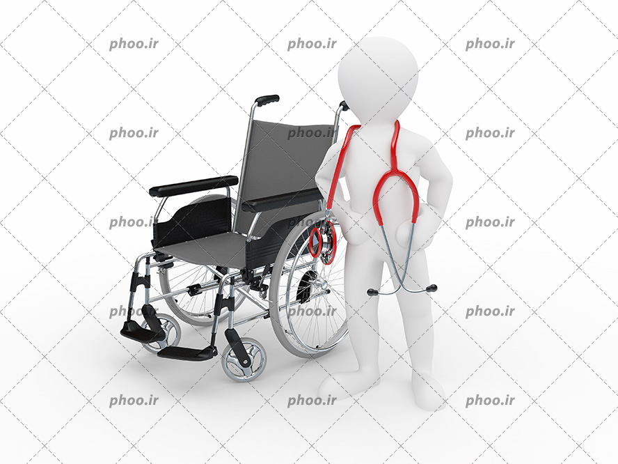 عکس با کیفیت ویلچر در کنار آدمک و استتوسکوپ بر گردنش به رنگ قرمز