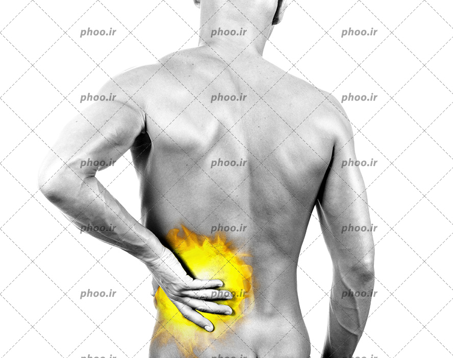 عکس با کیفیت مرد دارای دیسک کمرو گرفتن کمر خود با دست و نقطه درد به رنگ زرد