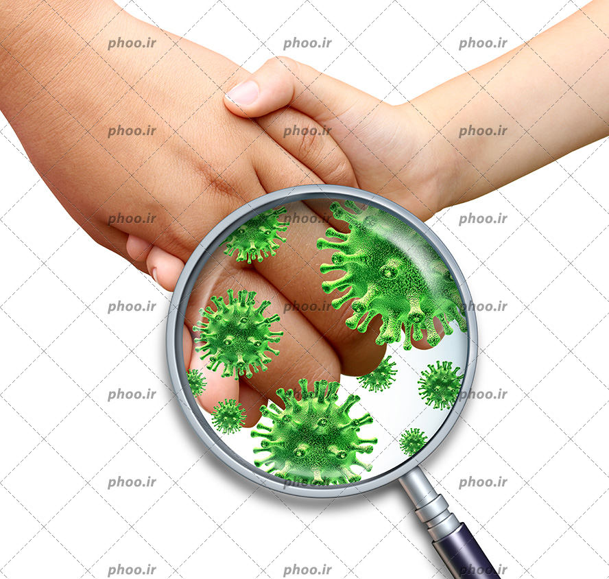 عکس با کیفیت گرفتن دست دیگری و ذره بین در حال نشان دادن ویروس کرونا