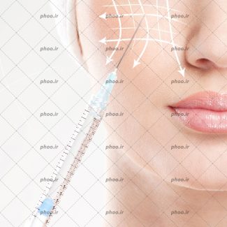 عکس با کیفیت قسمتی از صورت زن با فلش های سفید علامت گذاری شده و سرنگ در کنار صورت زن