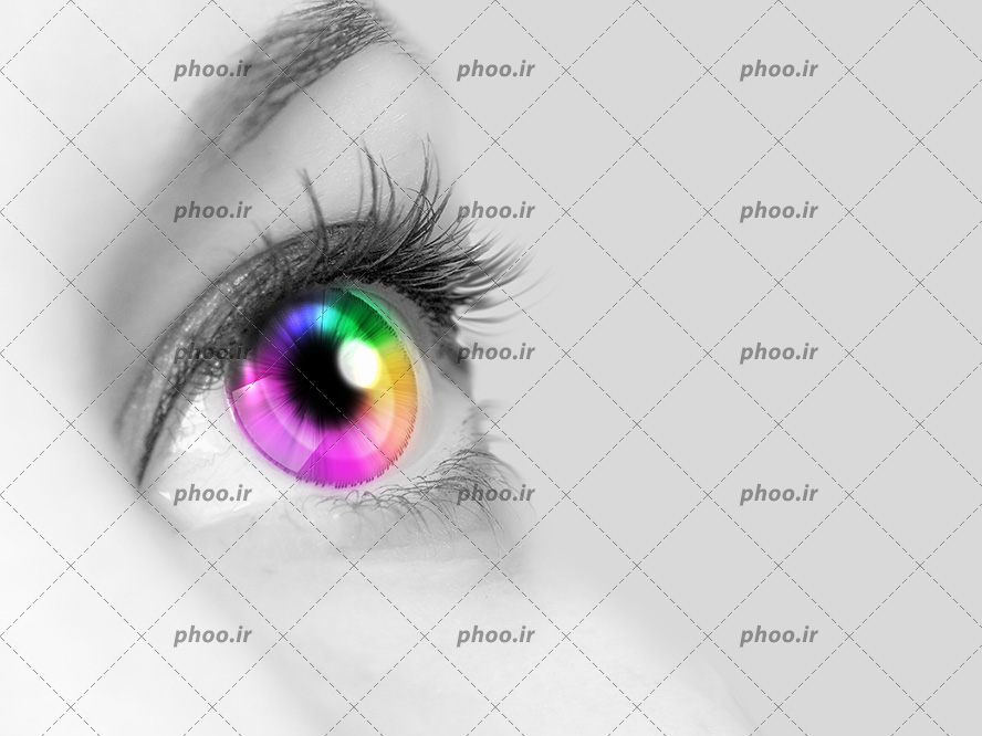 عکس با کیفیت چشم زن قرینه رنگارنگ و مردمک به رنگ مشکی و ابروهای کم پشت و موژه های مشکی و بلند