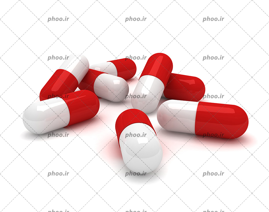 عکس با کیفیت کپسول ها در کنار یکدیگر به رنگ سفید و قرمز در بک گراند سفید از نمای نزدیک