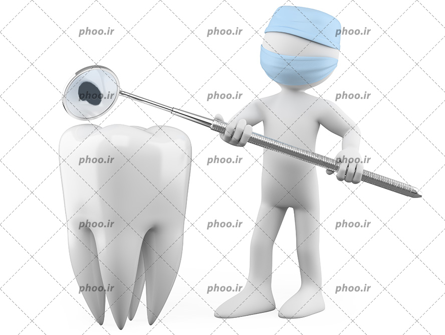 عکس با کیفیت آدمک با ماسک و کلاه آبی و آینه مقعر در دستش در حال معاینه کردن دندان