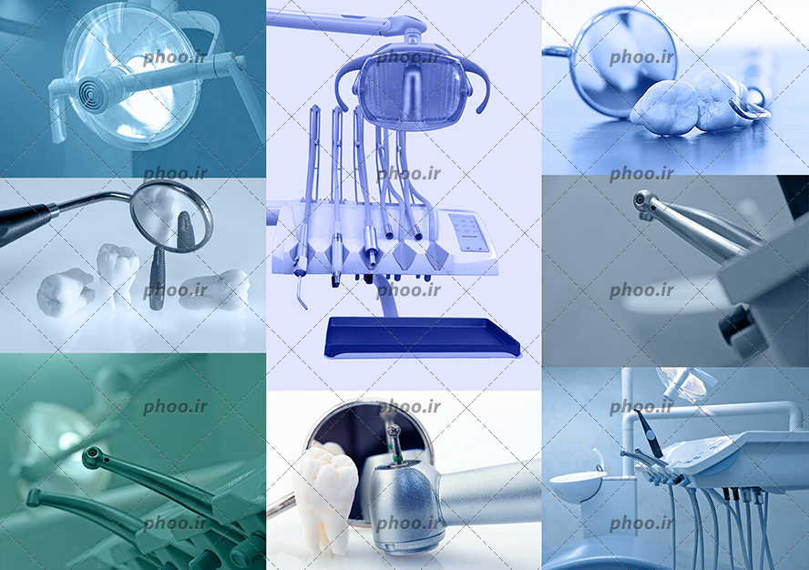 عکس با کیفیت تجهیزات مهم و کاربردی دندان پزشکی در کنار یکدیگر