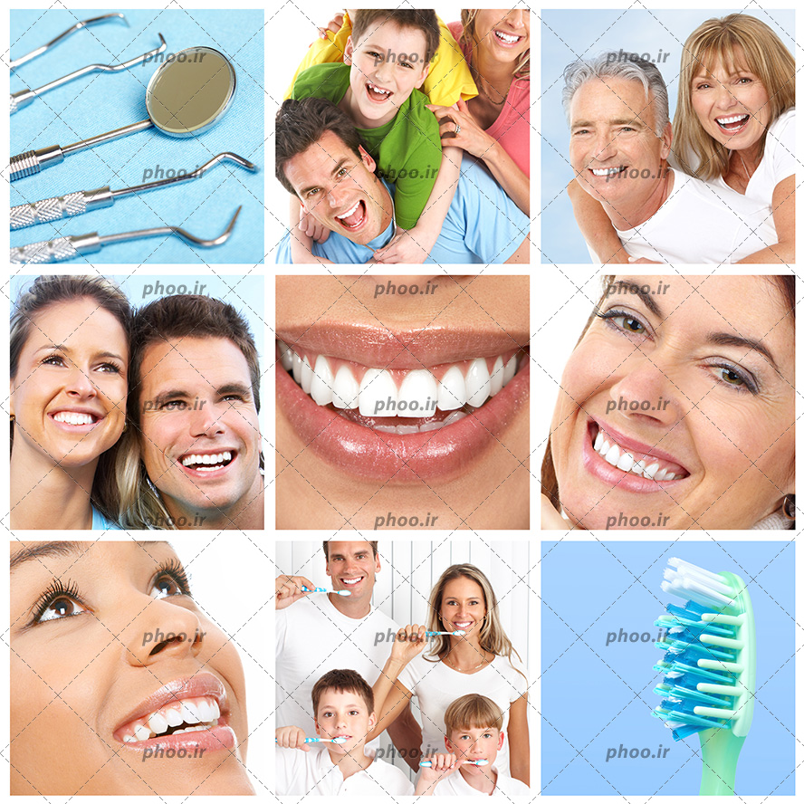 عکس با کیفیت زن و مرد خندان و خانواده ی خندان و تجهیزات دندان پزشکی و لب های خندان و مسواک و زن با لبخند زیبا همه دارای دندان های سفید