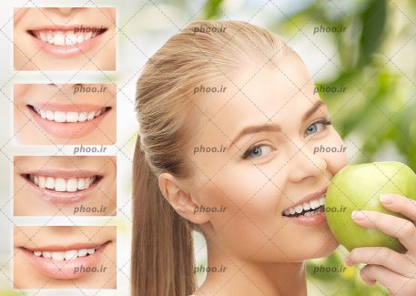 عکس با کیفیت لبخند های زیبا با لب ها با فرم مختلف و دندان های سفید و زن با موهای بلوند در حال لبخند زدن و گرفتن سیب در مقابل لب های خود