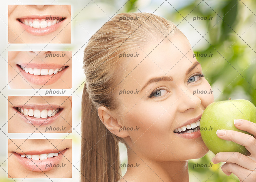 عکس با کیفیت لبخند های زیبا با لب ها با فرم مختلف و دندان های سفید و زن با موهای بلوند در حال لبخند زدن و گرفتن سیب در مقابل لب های خود