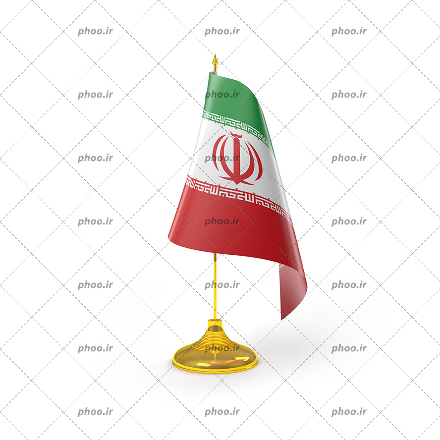 عکس با کیفیت پرچم ایران بر روی پایه ای طلایی و پس زمینه به رنگ سفید