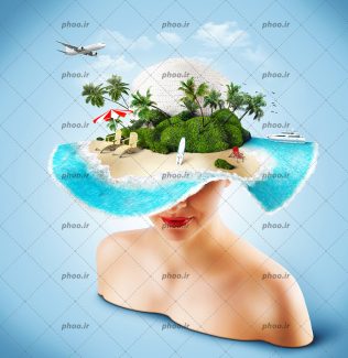 عکس با کیفیت زن ایستاده در آب و کلاه حصیری بر روی سر شبیه به جزیره سرسبز به همراه صندلی ساحل و چتر های سایبان و هواپیما در حال پرواز
