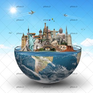 عکس با کیفیت هرم و برج ایفل و چیچن ایتزا و برج ساعت و مجسمه آزادی در کنار یکدیگر بر روی نیم کره ی کره ی زمین