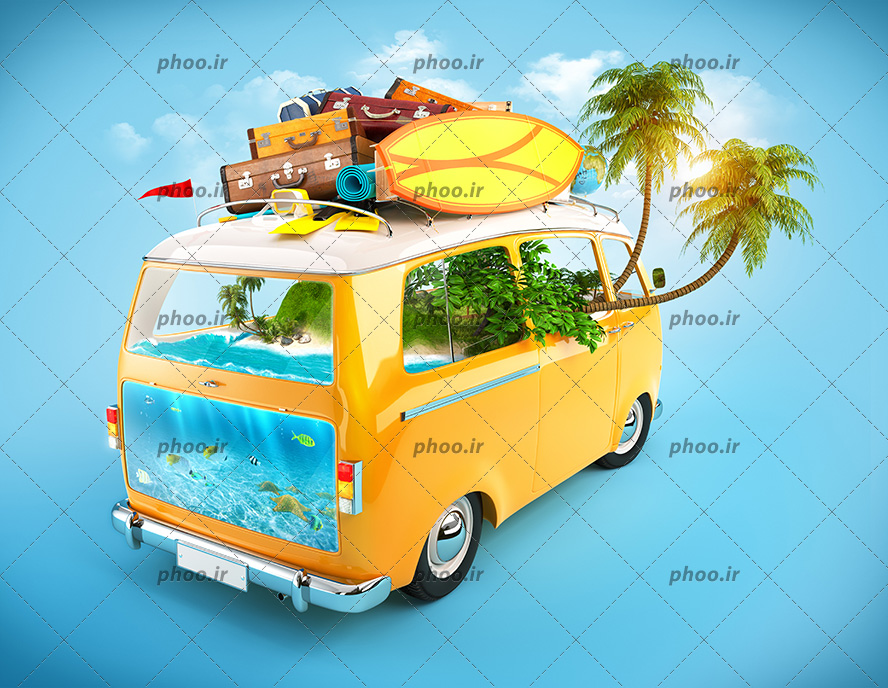 عکس با کیفیت ون مسافرتی به رنگ زرد و جزیره و درخت های نارگیل داخل ماشین و تجهیزات سفر بر روی باربند ون و پس زمینه به رنگ آبی