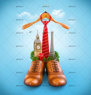 عکس با کیفیت دو کفش چرم به رنگ عسلی و برج ایفل و برج ساعت داخل کفش ها و کروات قرمز داخل چوب لباسی