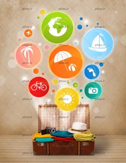 عکس با کیفیت خارج شدن آیتم های نورانی و رنگارنگ مختلف از داخل چمدان پر شده از تجهیزات سفر