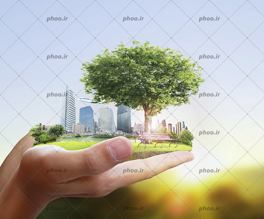 عکس با کیفیت فضای سرسبز و ساختمان های مرتفع و درخت در دستان مرد و بک گراند نورانی