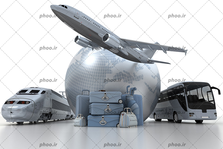 عکس با کیفیت قطار تندرو و اتوبوس مسافر بری در کنار چمدان ها و کره زمین بزرگ و هواپیما در حال پرواز
