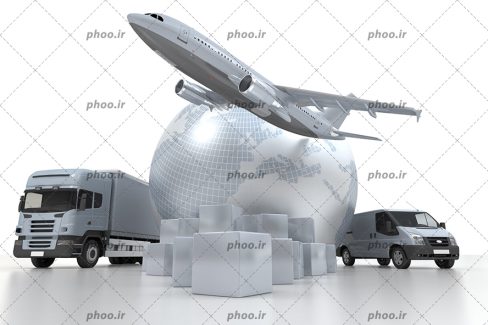 عکس با کیفیت ترانزیت و ماشین ون در کنار کره زمین و هواپیما در حال پرواز