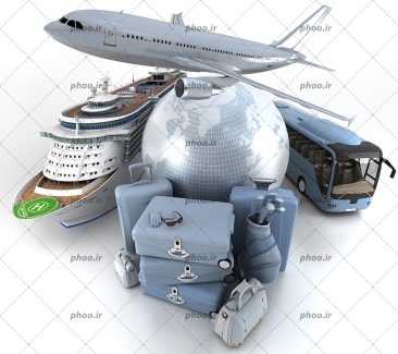 عکس با کیفیت کشتی بزرگ مناسب برای تور های گردشگری و تفریحی در کنار کره زمین و اتوبوس بزرگ مناسب برای مسافرت و چمدان های چیده شده بر روی یکدیگر و هواپیما در حال تیک آف در آسمان