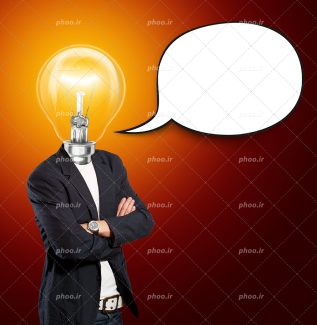 عکس با کیفیت ابر کوچک برای نقل قول و مرد ایستاده با کت و شلوار و سر شبیه به لامپ روشن و پس زمینه به رنگ نارنجی