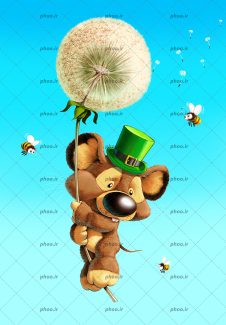 عکس با کیفیت موش با کلاه سبز در حال فرود آمدن به زمین به کمک قاصدک و زنبور ها در اطرافش