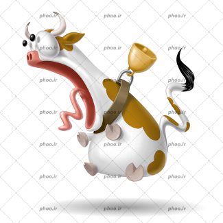 عکس با کیفیت کاراکتر گاو سفید با لک های قهوه ای و زنگوله بر گردن ترسیده و در حال جیغ کشیدن