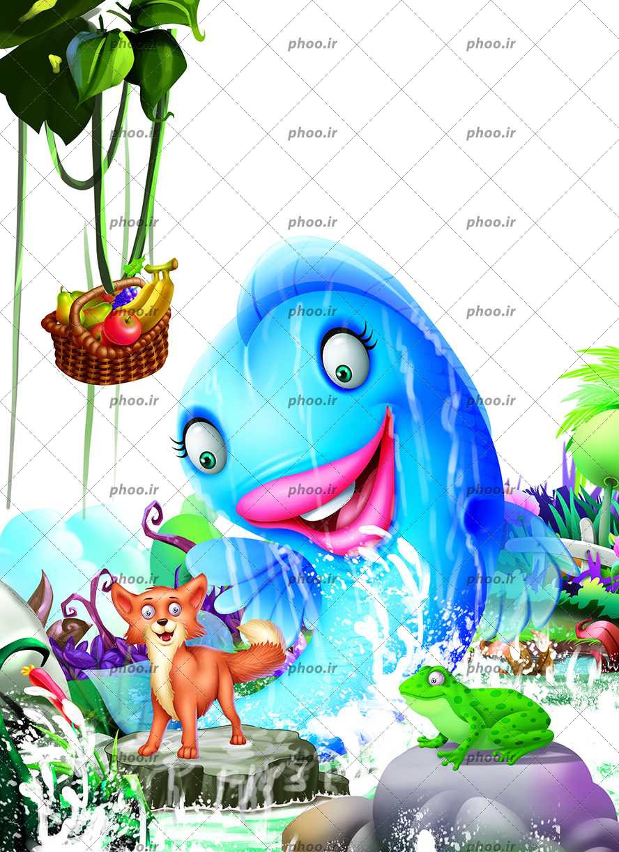 عکس با کیفیت قورباغه بر روی سنگ ایستاده در کنار روباره ایستاده بر روی تخته سنگ و ماهی بزرگ بیرون آمده از آب در حال خوشحالی