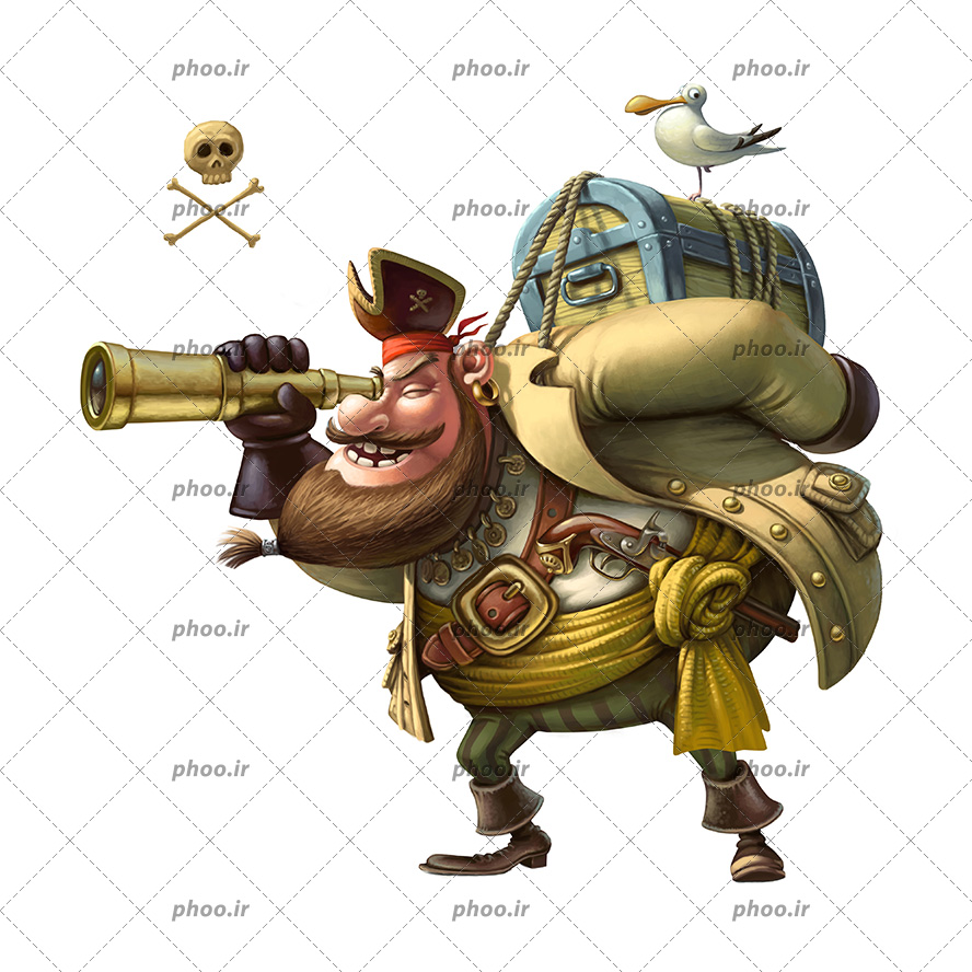 عکس با کیفیت مرغ دریایی بر روی گنج و گنج بر روی دوش ناخدا و ناخدا در حال استفاده از دوربین تک چشم