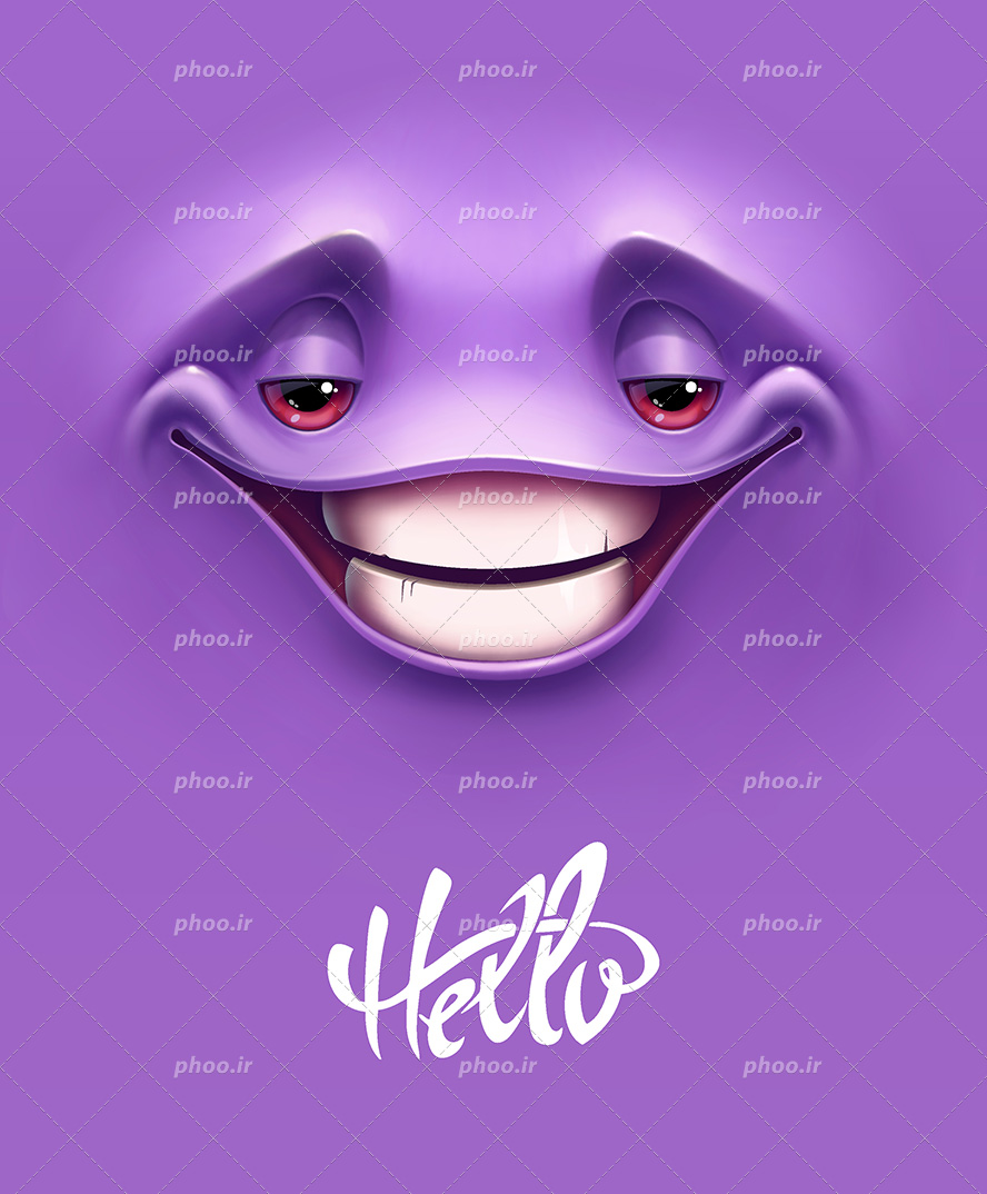عکس با کیفیت کاراکتر هیولا در حال لبخند زدن و کلمه ی (hello) نوشته شده در پایین کادر