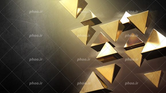 عکس با کیفیت مثلث های سه بعدی به رنگ طلایی در جهت های مختلف در کنار یکدیگر در پس زمینه تیره مناسب برای کاغذ دیواری و دیوارپوش ها